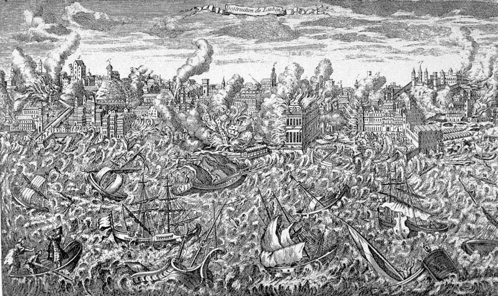 نقش نحاسي من عام 1755 يصوّر لشبونة تشتعل فيها النيران وموجات هائلة تقذف السفن في الميناء