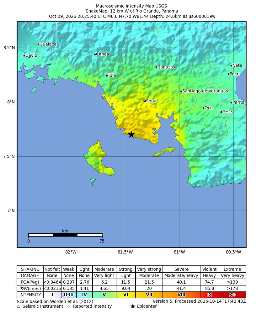 USGS ShakeMap for the M6.6 aftershock on 9 October 2026, centred 12 km west of Río Grande, Panama.