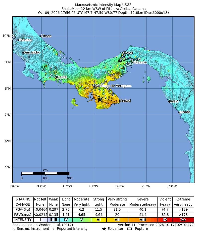 USGS ShakeMap of shaking intensity for the M7.7 Azuero Peninsula earthquake of 9 October 2026.