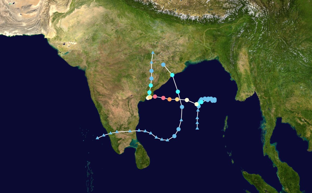 2026年北インド洋シーズンにおけるアルナブと別の擾乱90Bの進路を重ねて示した図