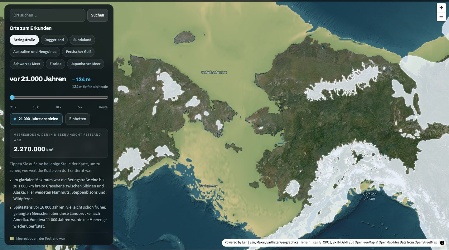 Die Eiszeitkarte vor 21 000 Jahren: Eine weite Ebene aus trockengefallenem Meeresboden verbindet Sibirien und Alaska über die Beringstraße hinweg, auf den Gebirgen liegen Eisschilde