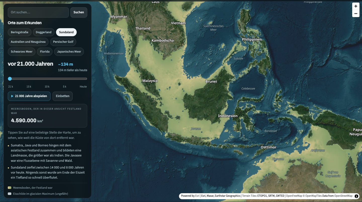 Die Eiszeitkarte vor 21 000 Jahren über Südostasien: Sumatra, Java und Borneo sind durch eine weite Ebene aus trockengefallenem Meeresboden mit dem Festland verbunden