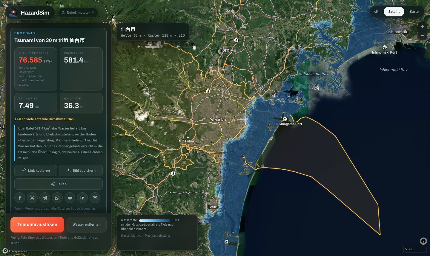 Der Simulator überflutet die Küstenebene bei Sendai mit einem 30-Meter-Tsunami; das blaue Wasser bedeckt das flache Land und endet an den Hügeln
