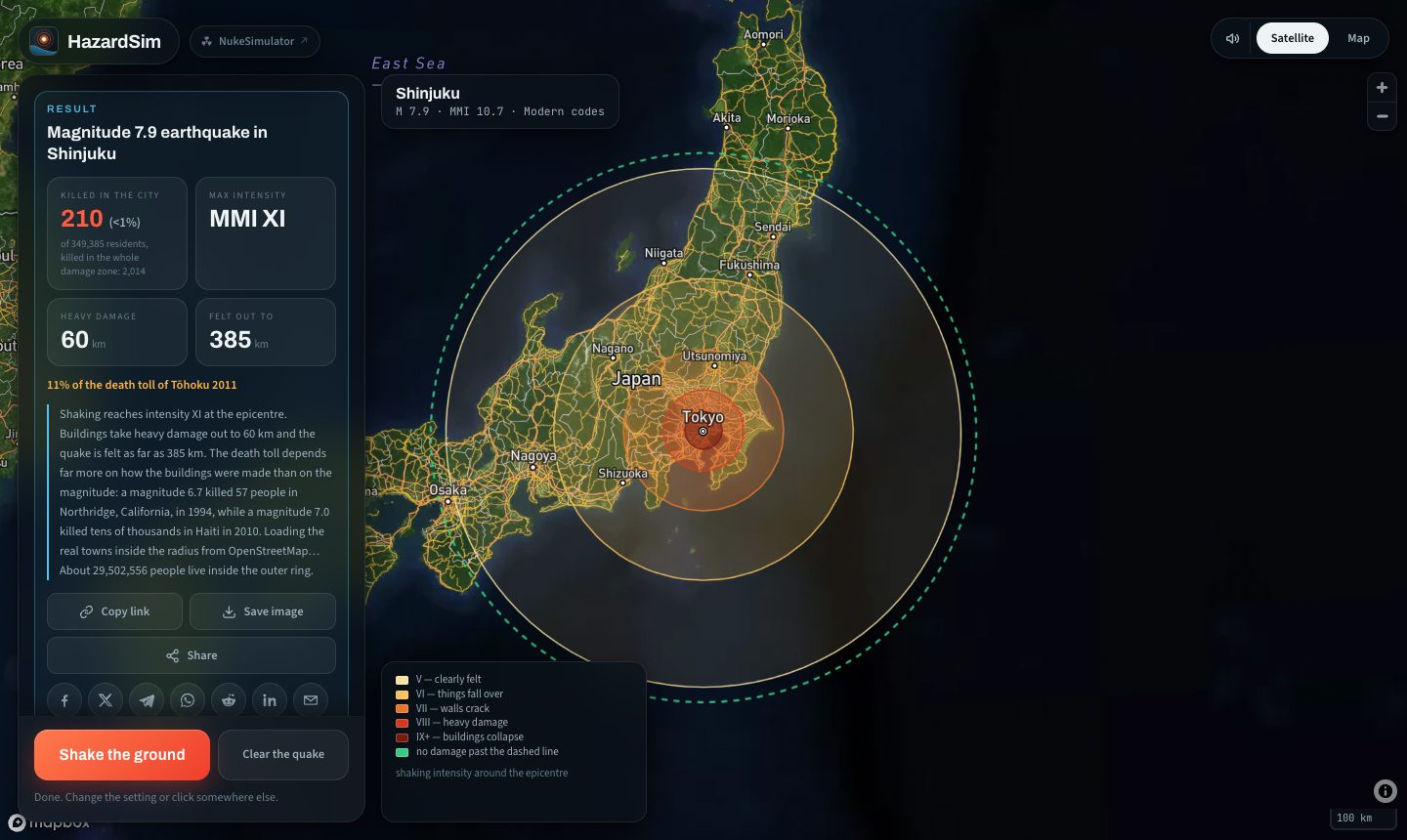 The simulator showing a magnitude 7.9 earthquake under Tokyo: five rings of shaking intensity over the map and a result panel reading 2,014 killed