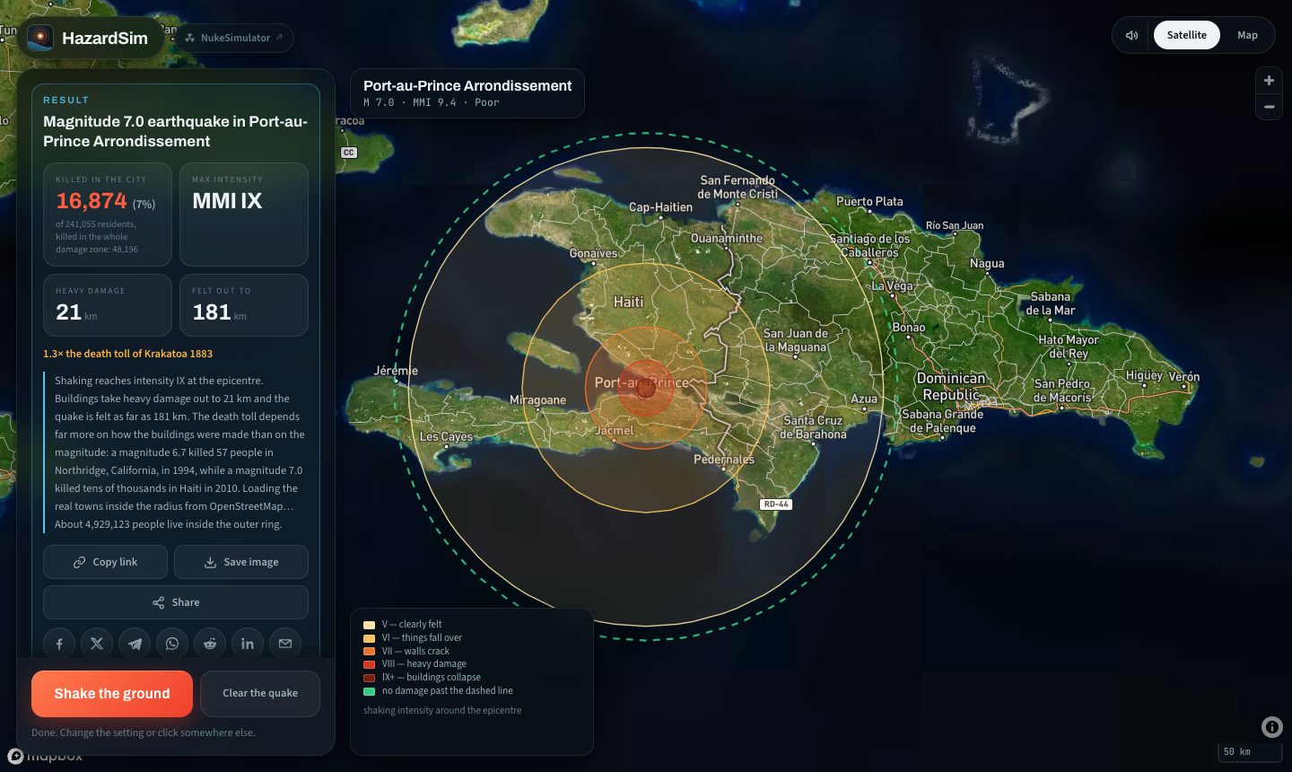 The same simulator running a magnitude 7.0 earthquake near Port-au-Prince with poor construction selected, and a far higher death toll