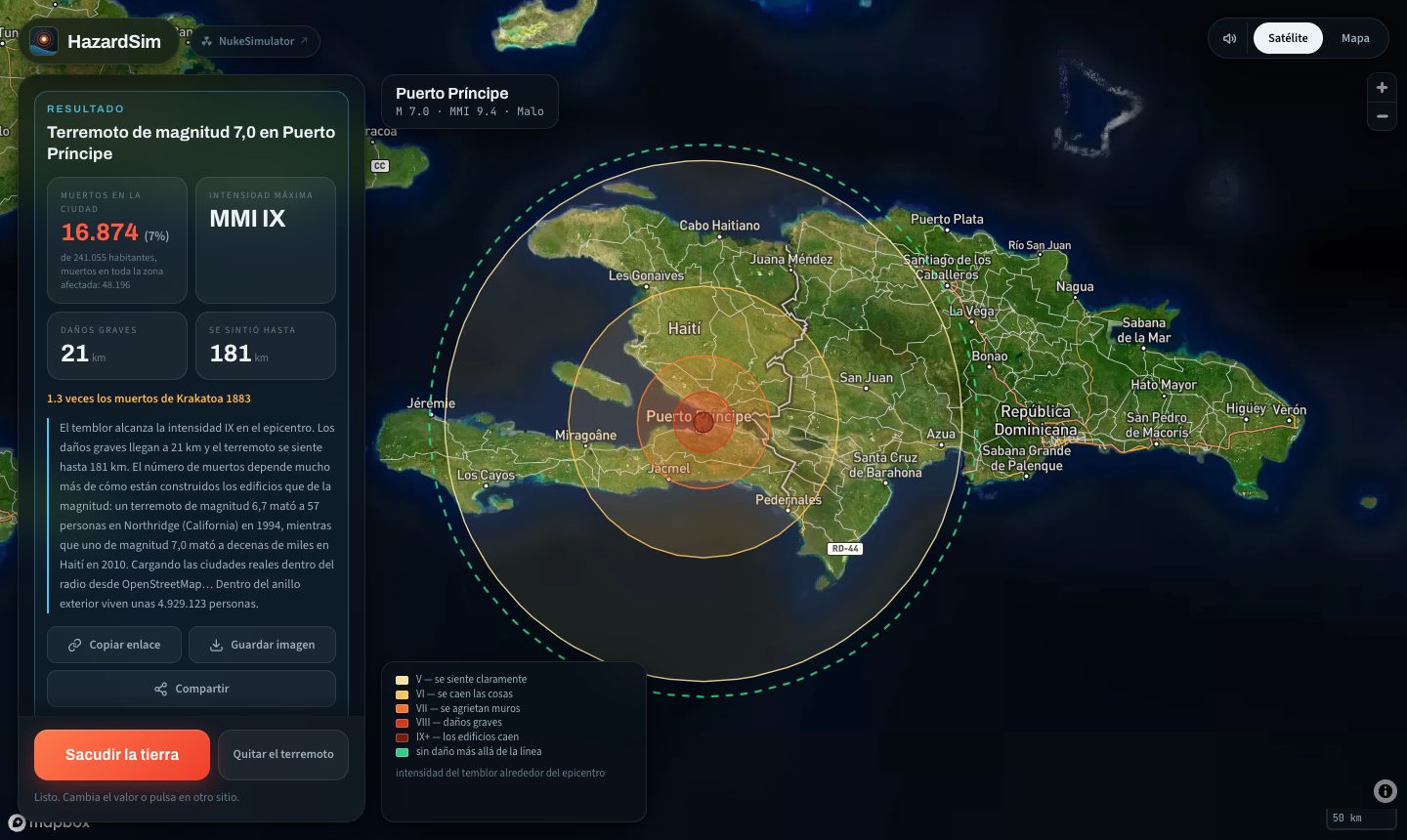 El mismo simulador ejecutando un terremoto de magnitud 7.0 cerca de Puerto Príncipe con construcción deficiente seleccionada, y un número de muertos mucho mayor