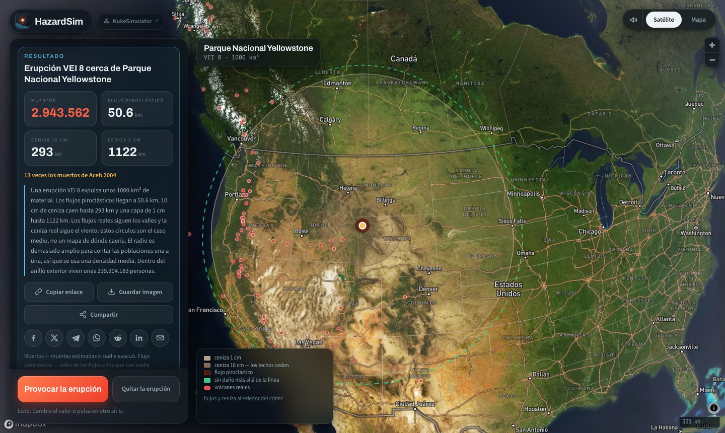 Yellowstone en erupción con VEI 8 en el simulador, con los anillos de ceniza cubriendo varios estados de Estados Unidos