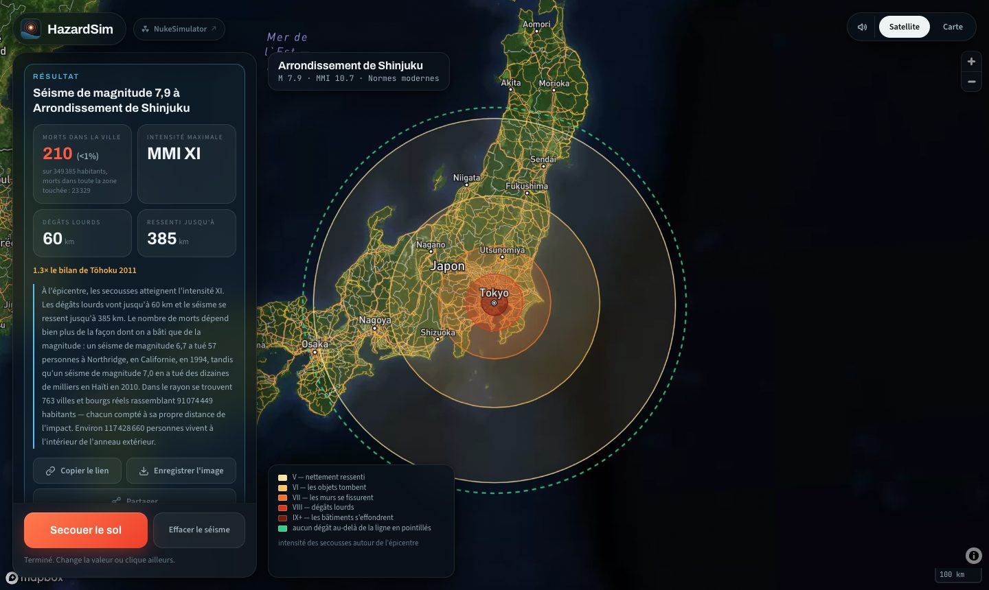 Le simulateur montrant un séisme de magnitude 7,9 sous Tokyo : cinq anneaux d'intensité sur la carte et un panneau de résultat indiquant 2 014 morts