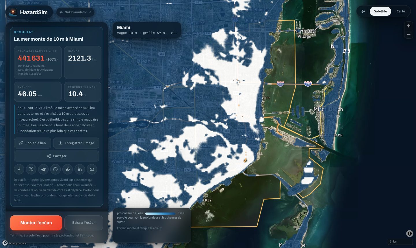 La carte de la montée des eaux avec un océan dix mètres plus haut à Miami : presque toute la ville dans la zone inondée