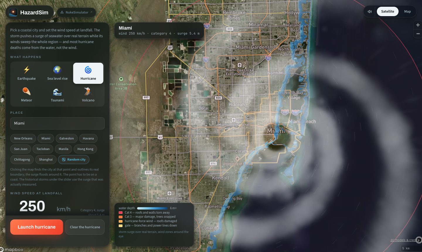 A hurricane with a clear eye and spiral rain bands making landfall on Miami in the simulator
