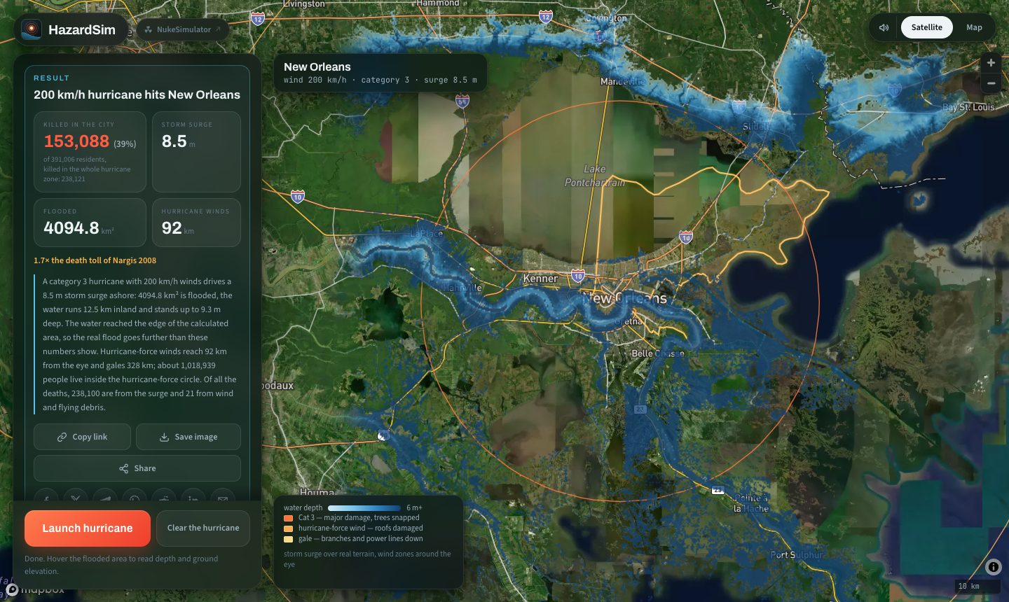Hurricane Katrina's 8.5 m storm surge flooding New Orleans and the surrounding marshes in the simulator