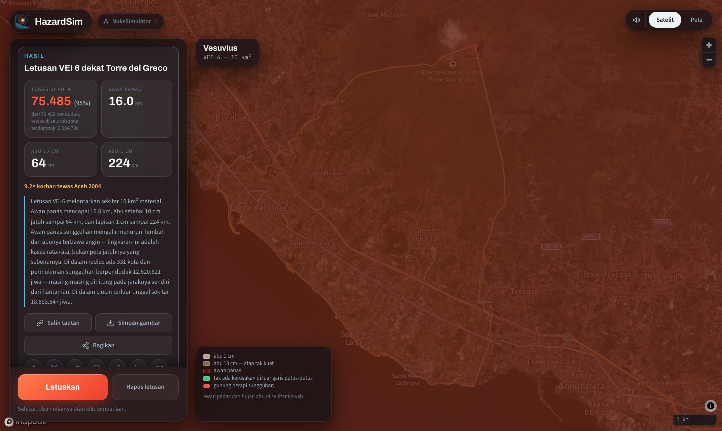 Vesuvius meletus pada VEI 6 dalam simulator, dengan zona aliran piroklastik gelap di atas Napoli di dalam dua ring abu yang lebih lebar