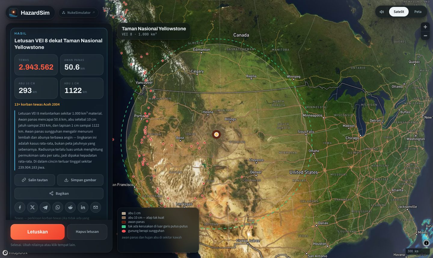 Yellowstone meletus pada VEI 8 dalam simulator, ring abunya menutupi beberapa negara bagian Amerika