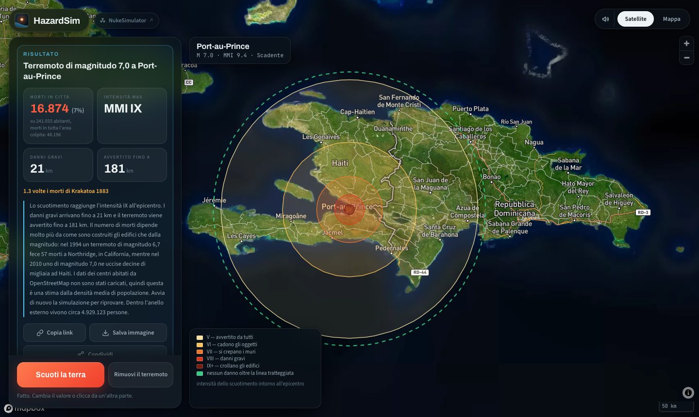 Lo stesso simulatore con un terremoto di magnitudo 7,0 vicino a Port-au-Prince, costruzioni scadenti selezionate e un numero di morti molto più alto