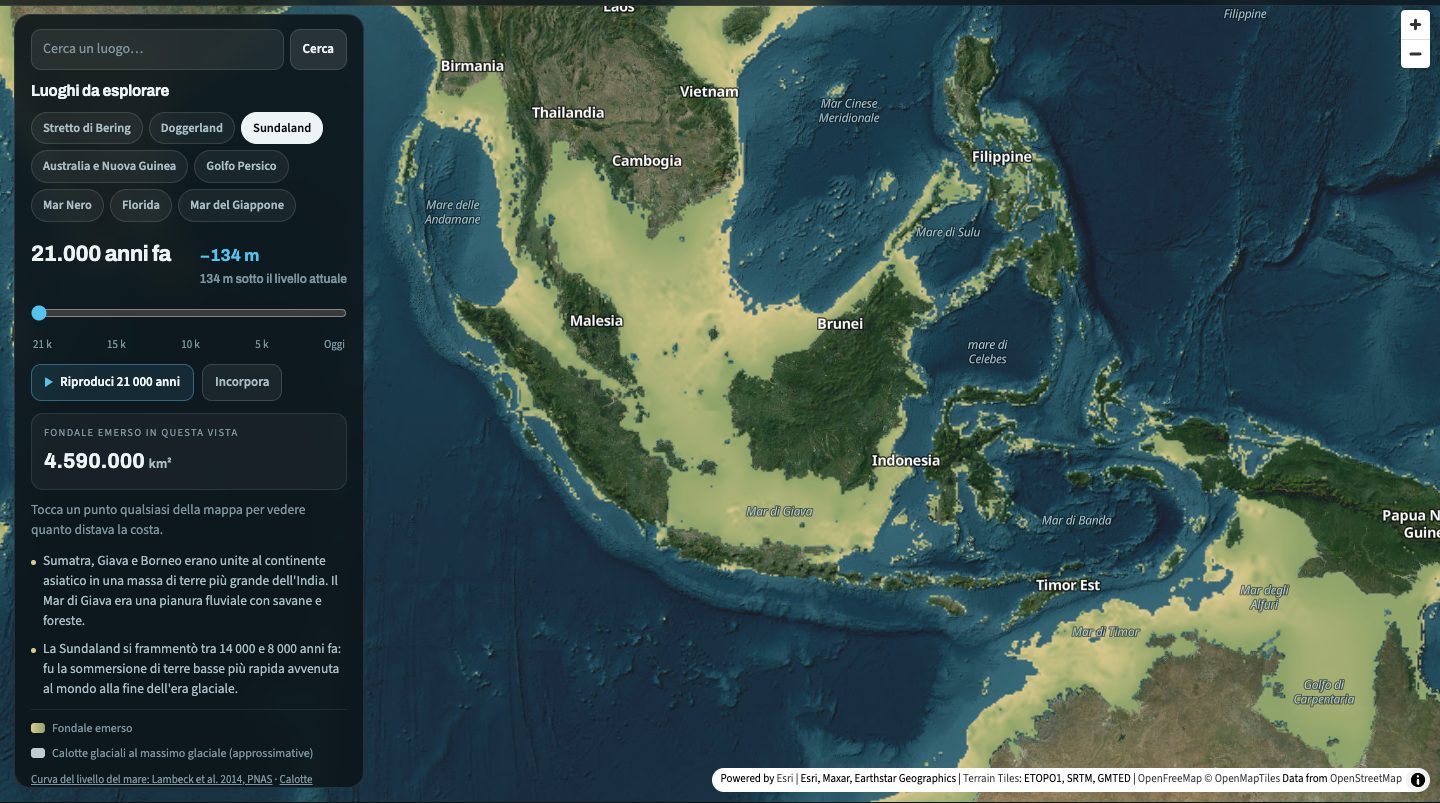 La mappa dell'era glaciale a 21 000 anni fa sul Sud-est asiatico: Sumatra, Giava e Borneo sono uniti al continente da un'ampia pianura di fondale emerso