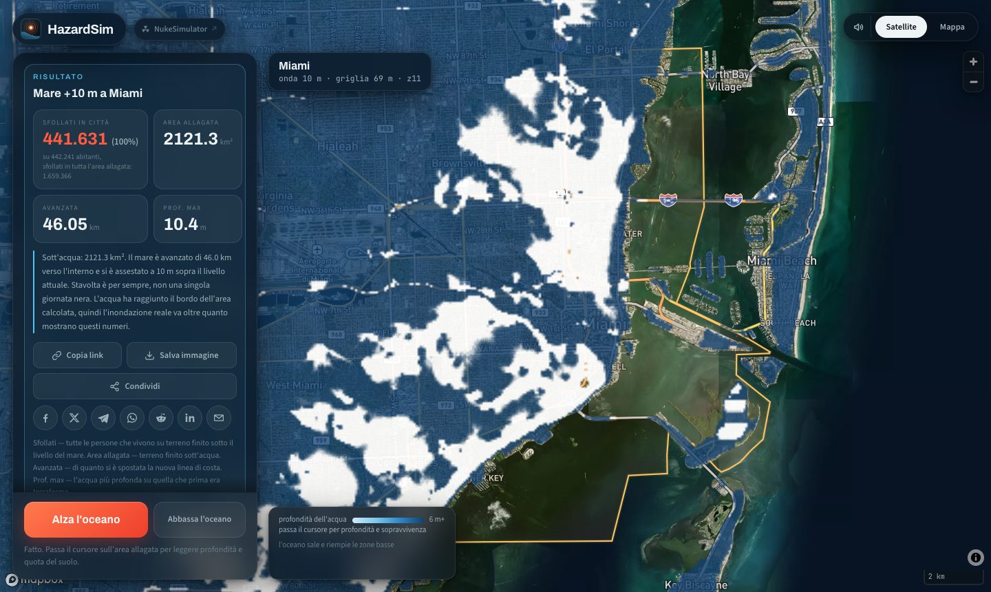 La mappa dell'innalzamento del mare con l'oceano dieci metri più alto a Miami: quasi tutta la città dentro l'area allagata