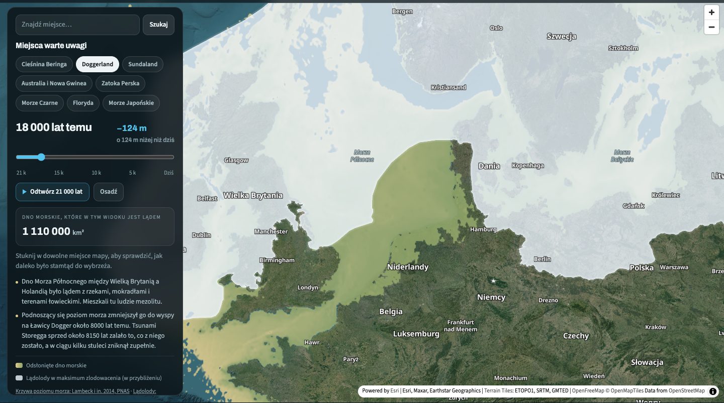 Mapa epoki lodowcowej 18 000 lat temu: całe południowe Morze Północne między Wielką Brytanią a Holandią to suchy ląd, a nad Skandynawią i północną Wielką Brytanią leżą lądolody