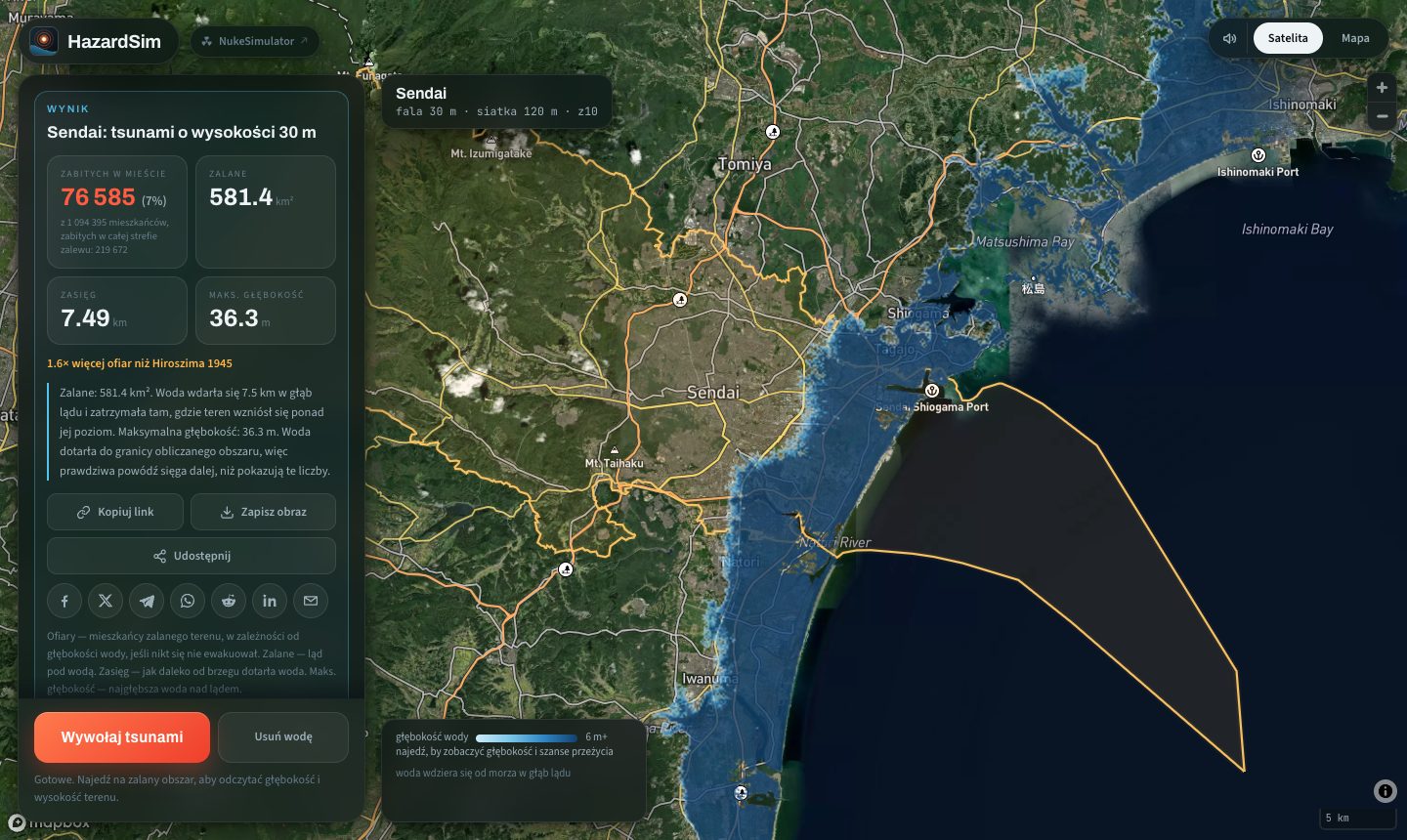 Symulator zalewa nadmorską równinę w Sendai 30-metrowym tsunami: niebieska woda pokrywa płaski teren i zatrzymuje się u stóp wzgórz