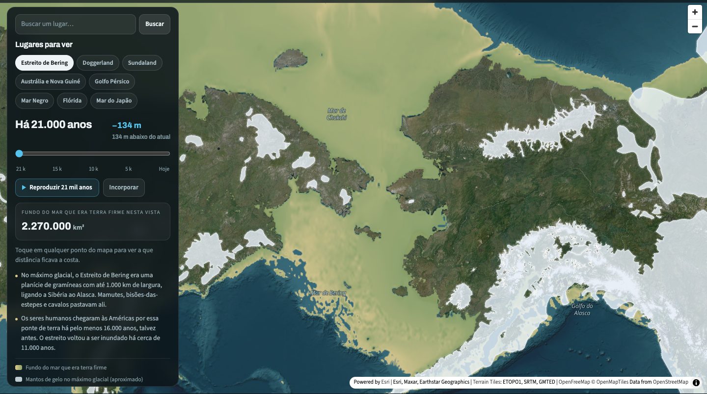 O mapa da era do gelo há 21 000 anos: uma ampla planície de fundo marinho exposto une a Sibéria ao Alasca através do estreito de Bering, com mantos de gelo sobre as montanhas