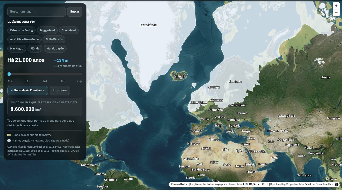 O mapa da era do gelo em visão ampla sobre o Atlântico Norte há 21 000 anos, com mantos de gelo brancos sobre o Canadá, a Groenlândia, a Islândia, a Grã-Bretanha e a Escandinávia