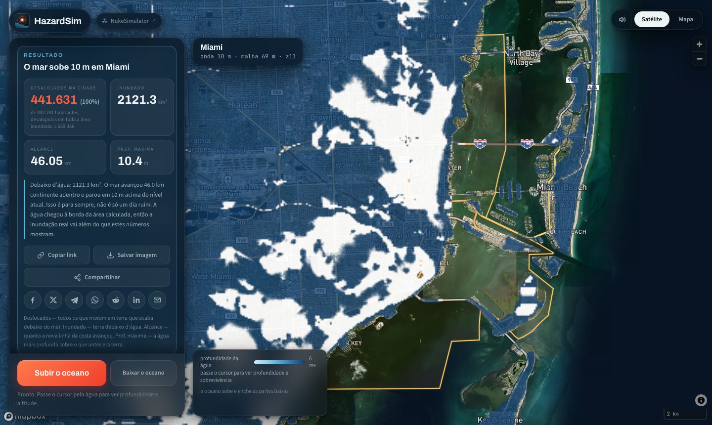 O mapa da elevação do nível do mar com o oceano dez metros mais alto em Miami: quase toda a cidade dentro da área inundada