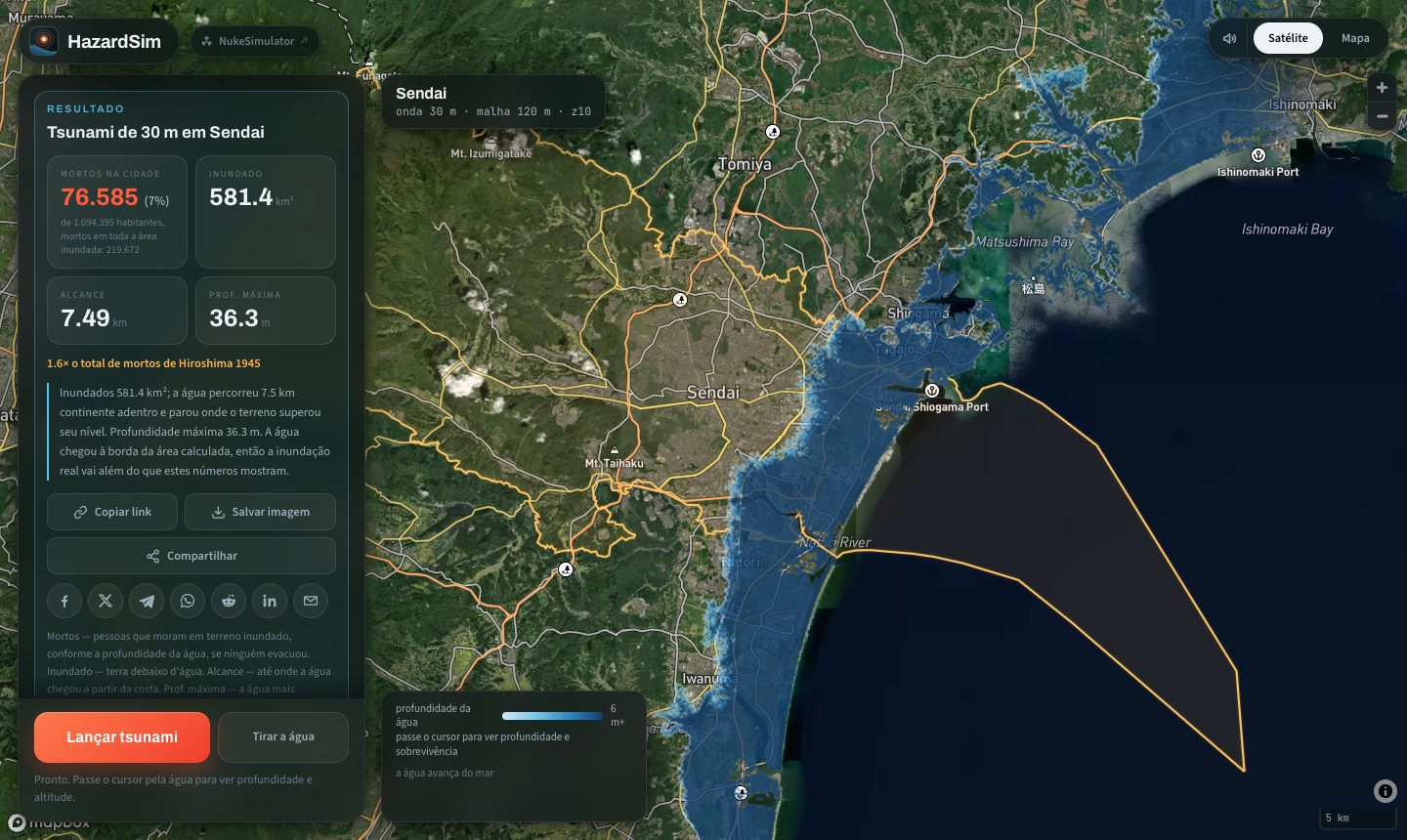 O simulador inundando a planície costeira de Sendai com um tsunami de 30 metros, a água azul cobrindo o terreno plano e parando nas colinas