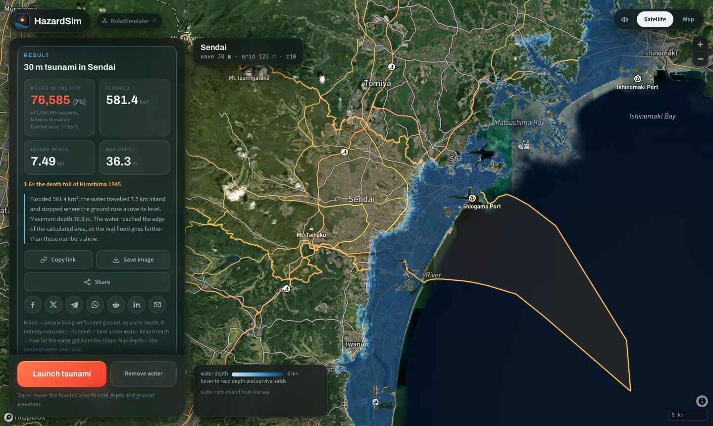 The simulator flooding the coastal plain at Sendai with a 30-metre tsunami, the blue water covering the flat ground and stopping at the hills