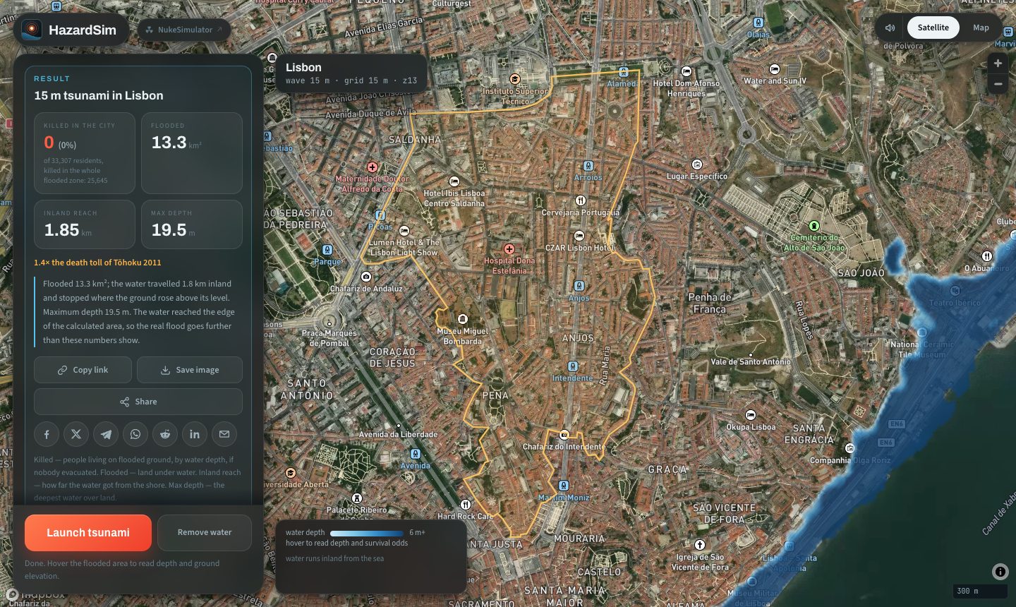 A 15-metre tsunami at Lisbon in the simulator, water filling the low ground along the Tagus