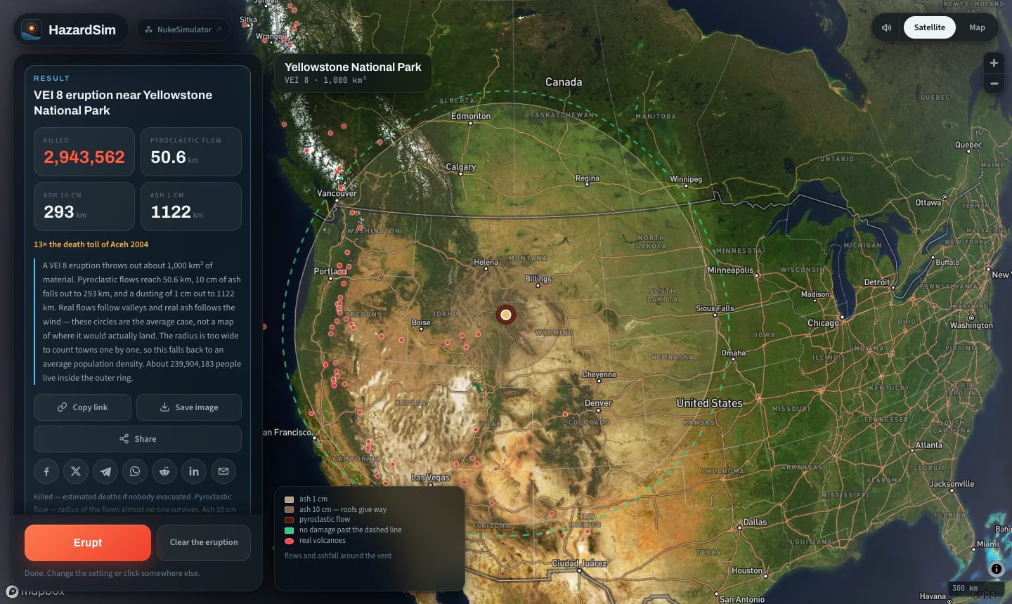 Yellowstone erupting at VEI 8 in the simulator, the ash rings covering several American states
