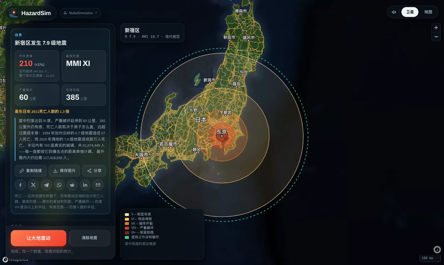 模拟器显示东京地下发生 7.9 级地震：地图上五个震动烈度圈，结果面板显示 2,014 人死亡